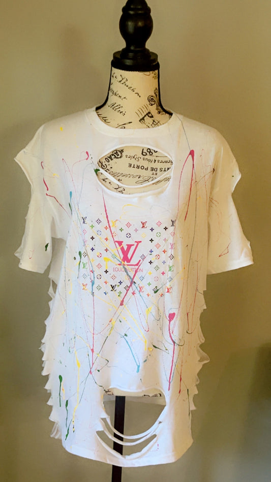 LV WHITE PAINT SPLATTERS AND SLITS T-SHIRT