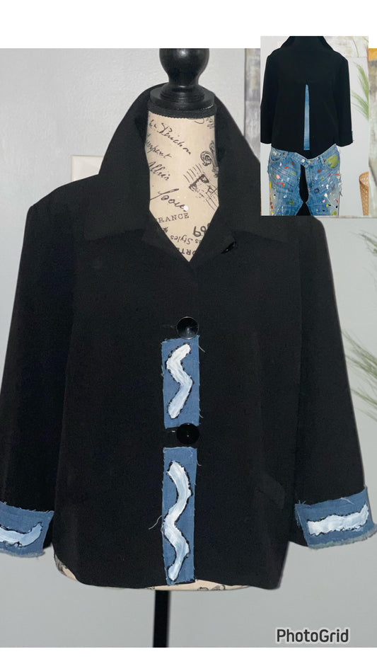 BLACK CROP SWING Jacket with Denim Accents