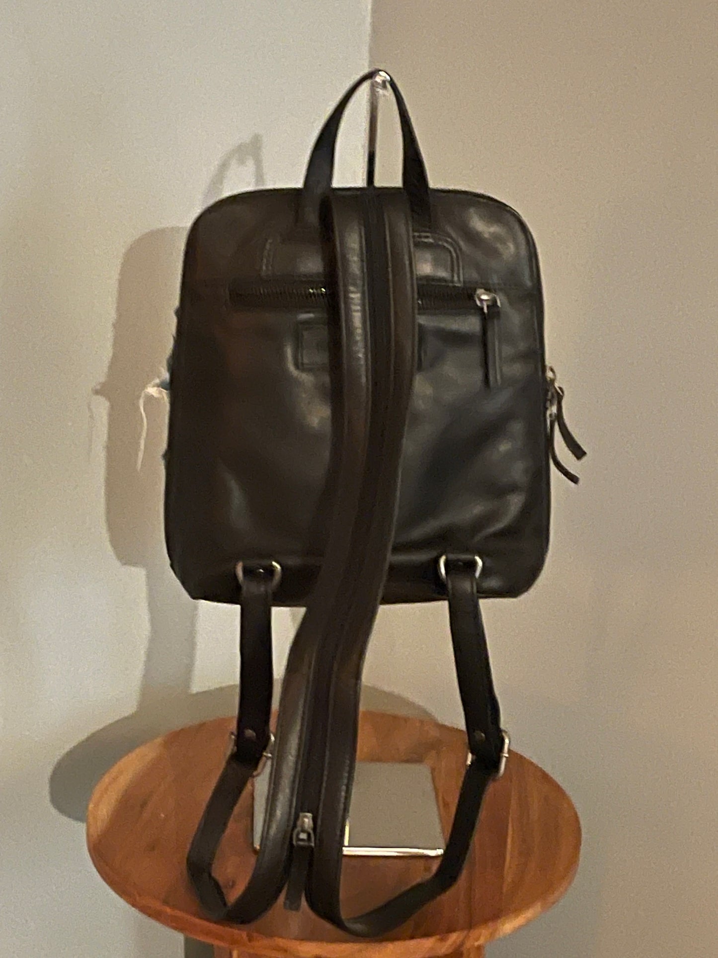 THE DC/NY MEDIUM DENIM BLACK LEATHER BACKPACK