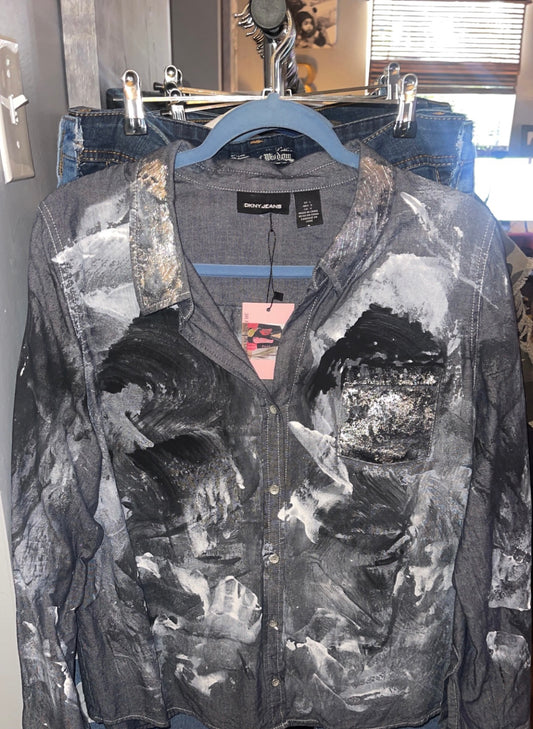 BLACK WHITE AND SILVER HAND PAINTED DENIM SHIRT