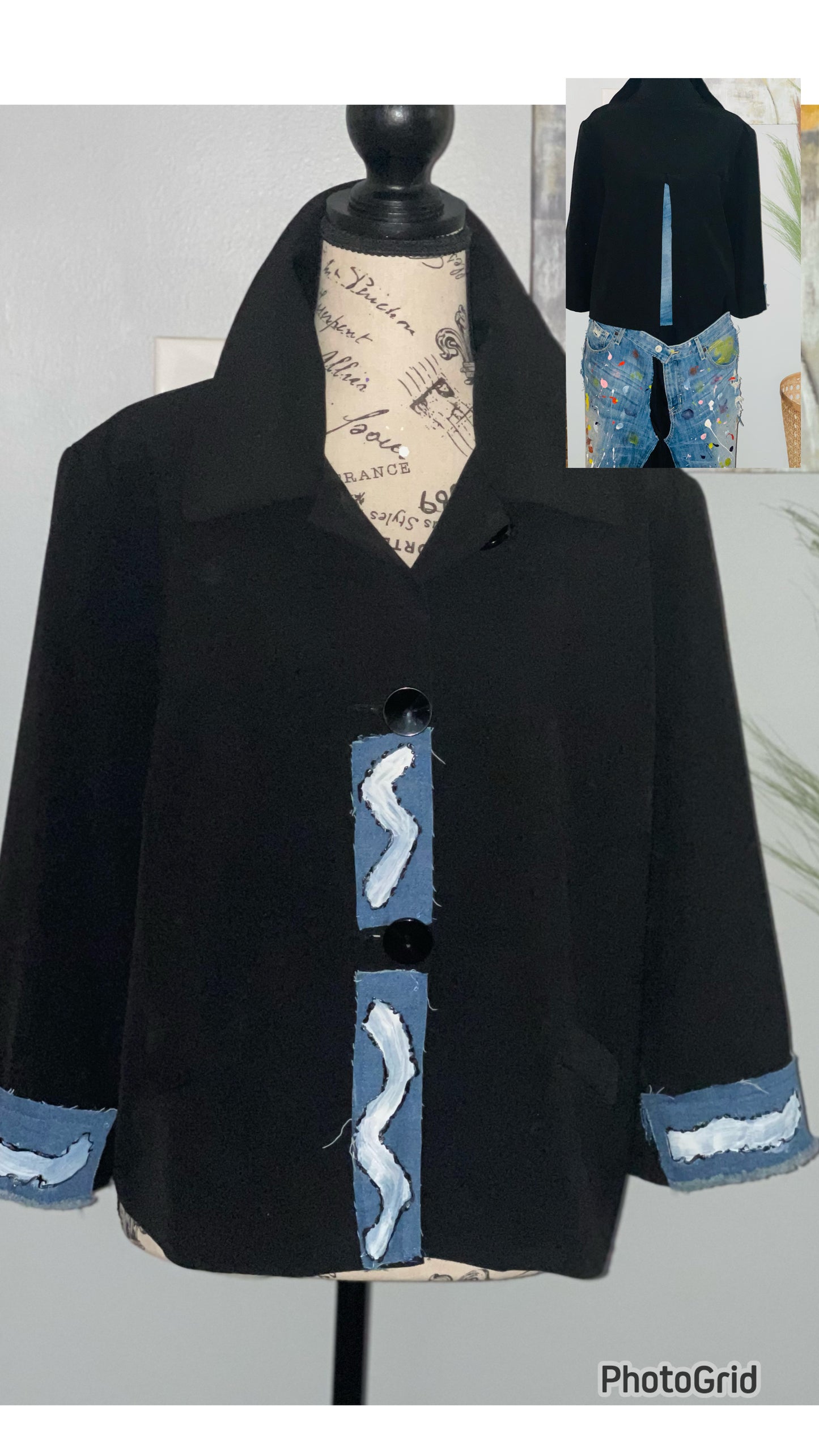 BLACK CROP SWING Jacket with Denim Accents