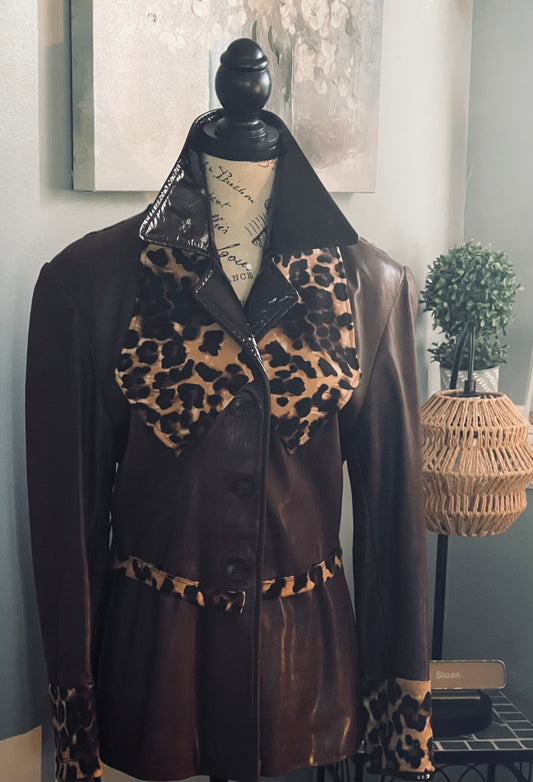 CHOCOLATE LEOPARD ACCENT LEATHER BLAZER